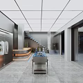 Modern Clothing Store Interior With Blue Lit Display Counter Staircase And Plants