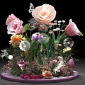 Colorful Floral Bouquet With Butterfly Dandelion And Various Colored Flowers On Round Plate