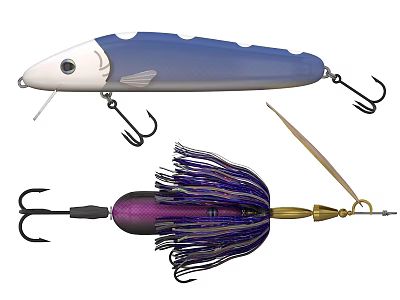 Blue Silver And Purple Feathered Fishing Lures With Hooks And Tackle 3d model