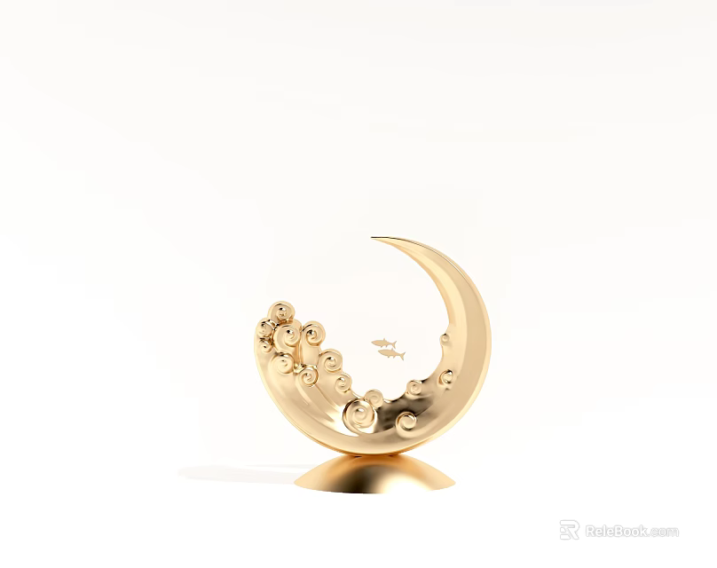 Intricate Golden Moon Shaped Sculpture with Detailed Clouds and Small Cherubs Decoration 3d model 