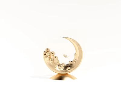 Intricate Golden Moon Shaped Sculpture with Detailed Clouds and Small Cherubs Decoration 3d model