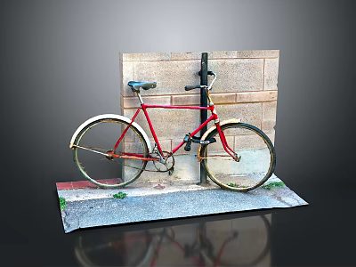Red Bicycle Leaning Against Brick Wall And Lamp Post On Sidewalk 3d model