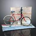 Red Bicycle Leaning Against Brick Wall And Lamp Post On Sidewalk