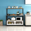 Modern Kitchen Storage Shelf Holding Wine Bottles Microwave Fruits on Cutting Board and Cabinets