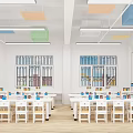 Bright Kindergarten Classroom With White Tables Chairs Colorful Windows And Decorations