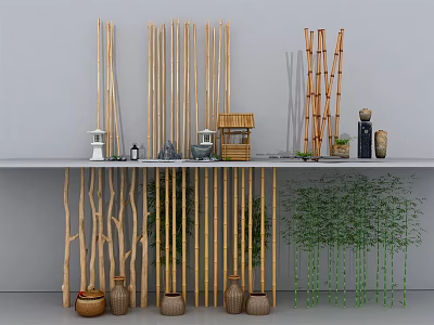 Natural Garden Decorations With Bamboo Poles Lanterns Small Bamboo House Potted Plants And Clay Pots 3d model