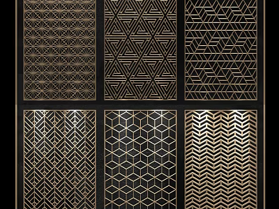 Ornate Modern Room Dividers Featuring Geometric Patterns Gold Lines On Black Background 3d model