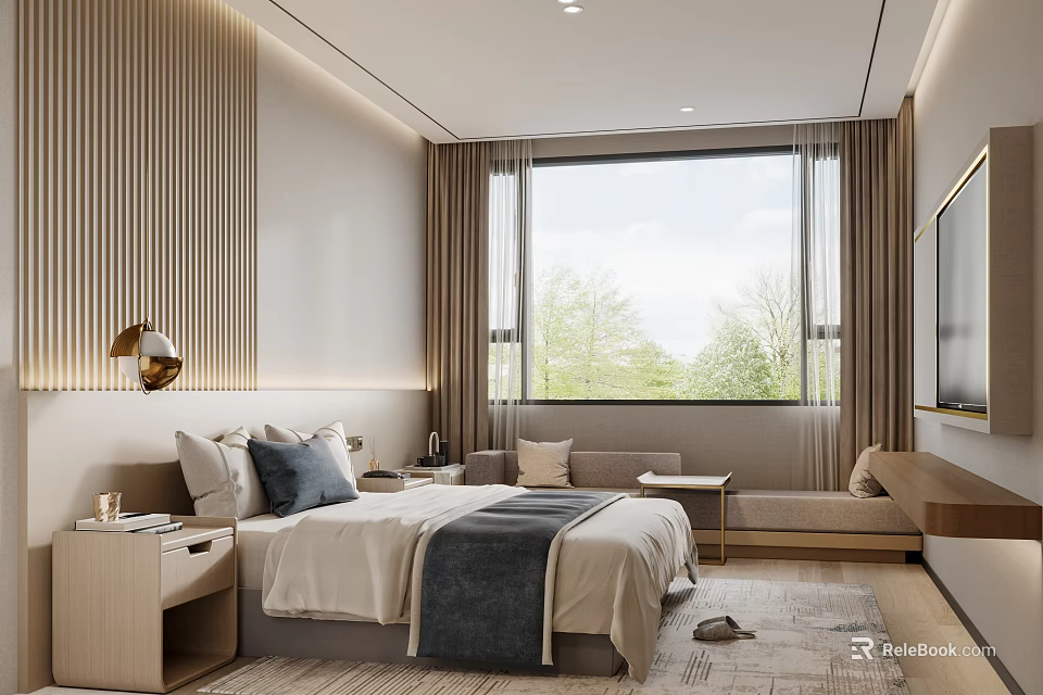 Modern Comfortable Hotel Guest Room With Large Scenic Window And Elegant Warm Interior Design 3d model 