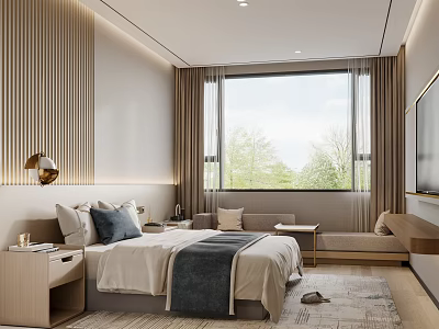 Modern Comfortable Hotel Guest Room With Large Scenic Window And Elegant Warm Interior Design 3d model