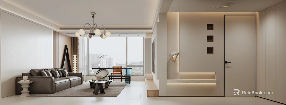 Modern Living And Dining Area Interior With Large Windows Chandelier And Sofa 3d model 