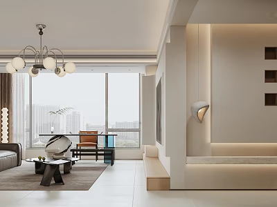 Modern Living And Dining Area Interior With Large Windows Chandelier And Sofa 3d model