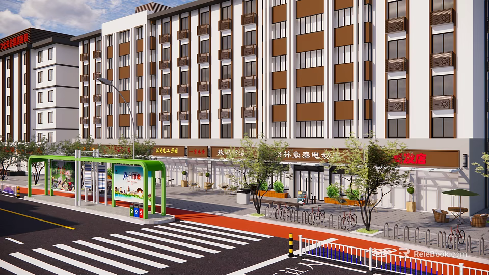 Modern Multi Story Commercial Building With Shops Bus Stop Trees Pedestrian Walkway And Bicycle Parking 3d model 