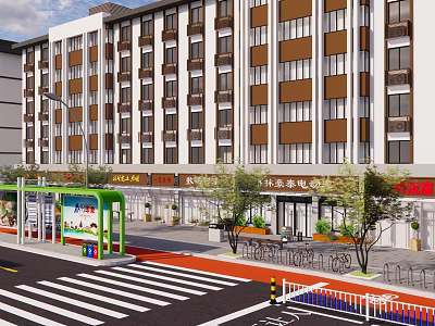 Modern Multi Story Commercial Building With Shops Bus Stop Trees Pedestrian Walkway And Bicycle Parking 3d model