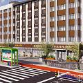 Modern Multi Story Commercial Building With Shops Bus Stop Trees Pedestrian Walkway And Bicycle Parking