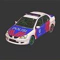 White Police Car With Blue Red Stripes And Roof Lights POLIS Logo