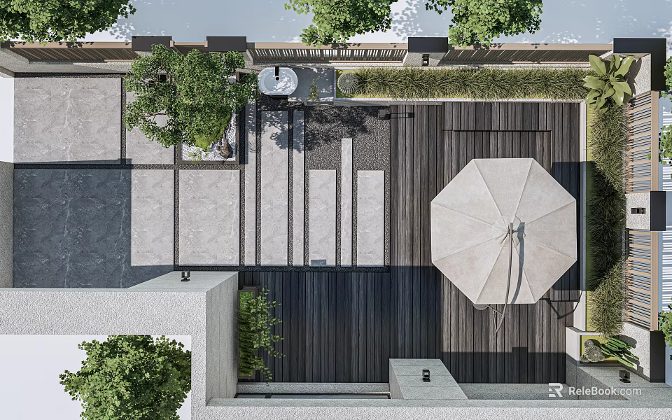Modern Courtyard Garden Design With Wooden Deck Shade Umbrella And Lush Greenery 3d model 