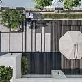 Modern Courtyard Garden Design With Wooden Deck Shade Umbrella And Lush Greenery