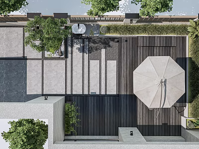 Modern Courtyard Garden Design With Wooden Deck Shade Umbrella And Lush Greenery 3d model