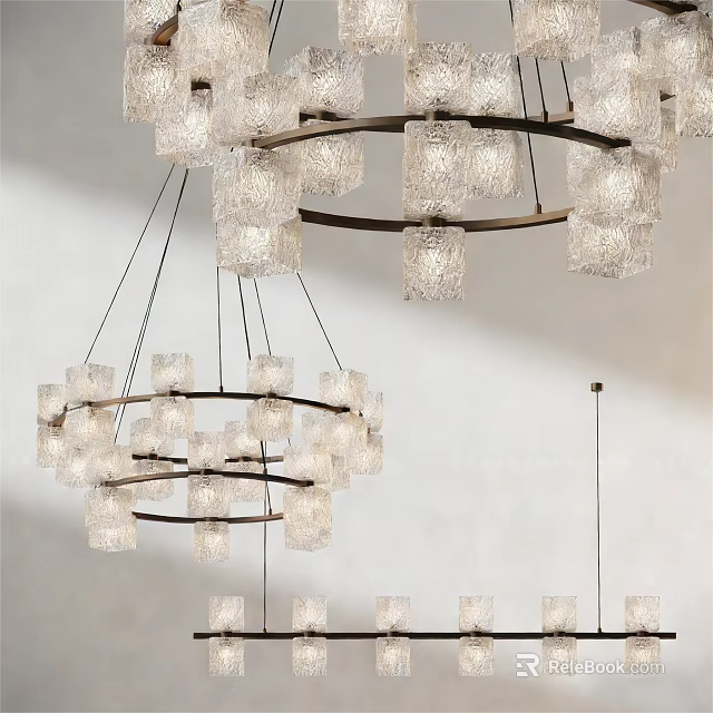 Modern Chandelier With Circular Metal Frame And Glass Cube Shades Layered Design 3d model 