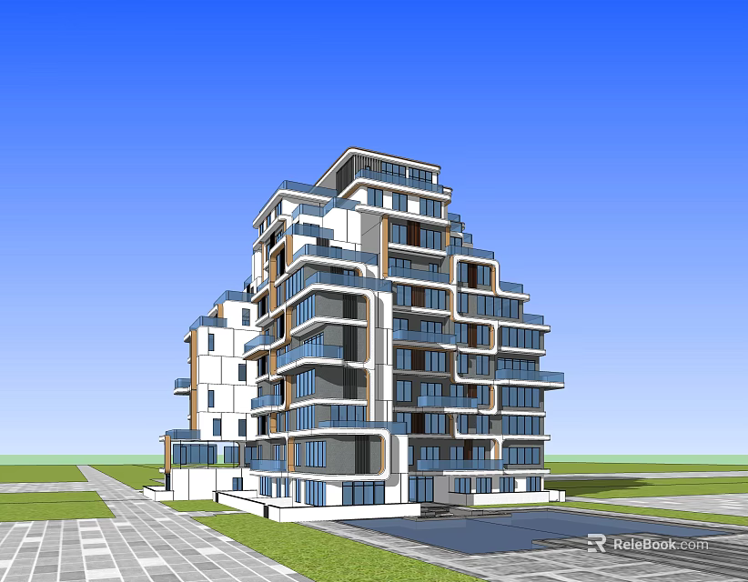 Modern Multi Storey Apartment Building Exterior Design With Balconies Green Area And Roadway 3d model 