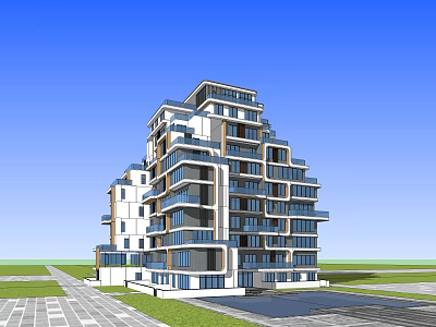 Modern Multi Storey Apartment Building Exterior Design With Balconies Green Area And Roadway 3d model
