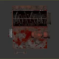 Rusty Industrial Machine With Red Rotary Parts On Metal Frame