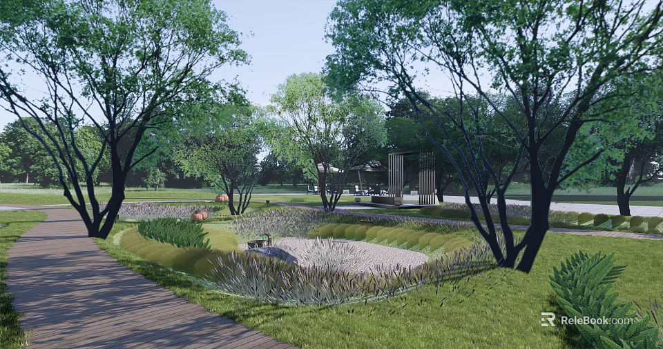 Scenic Park Landscape Featuring Lush Green Lawn Tall Trees Wooden Path And Circular Gravel Area 3d model 