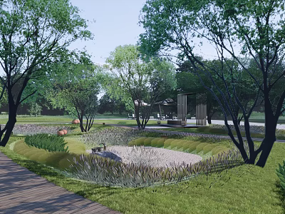 Scenic Park Landscape Featuring Lush Green Lawn Tall Trees Wooden Path And Circular Gravel Area 3d model