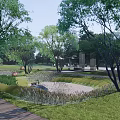 Scenic Park Landscape Featuring Lush Green Lawn Tall Trees Wooden Path And Circular Gravel Area