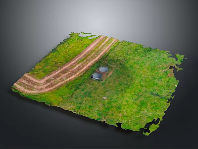 3D Terrain Model with Green Grass Dirt Trails and Circular Structures 3d model