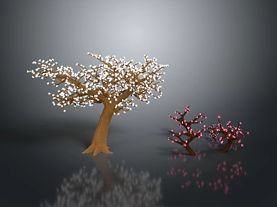 Large White Blossom Tree And Small Pink Flower Trees On Gray Background With Reflections 3d model