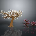 Large White Blossom Tree And Small Pink Flower Trees On Gray Background With Reflections