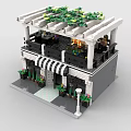 Two Story Brick Building Model With Black White Striped Awning Front Plants And Balcony Figures