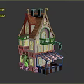Charming Cartoon Scene With Cute Small House White Walls Red Brown Roof And Striped Awning