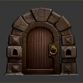 Medieval Style Arched Stone Gate With Wooden Door And Golden Knocker