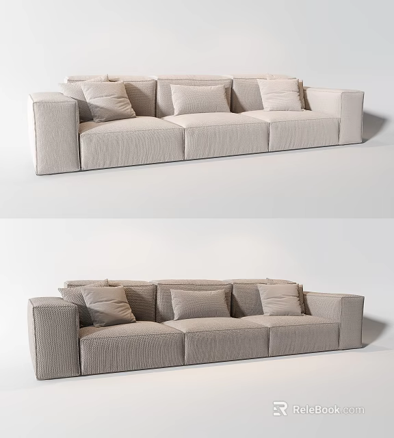 Modern Light Beige Fabric Three-Seater Sofa With Textured Upholstery And Plush Cushions 3d model 