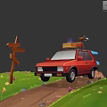 Red Car On Dirt Road With Road Sign Grass Flowers And Roof Luggage