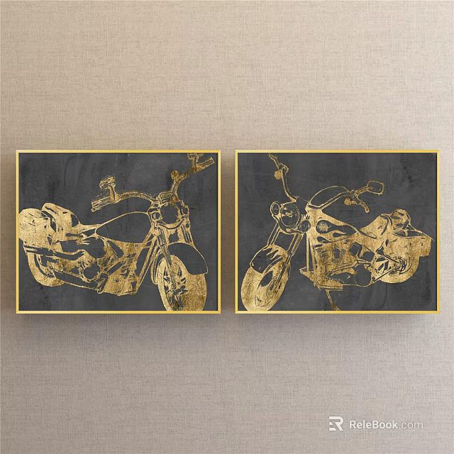 Two Motorcycle Decorative Paintings With Black Background And Gold Patterns On Light Colored Wall 3d model
