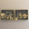 Two Motorcycle Decorative Paintings With Black Background And Gold Patterns On Light Colored Wall 3d model