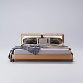 Modern Brown Double Bed With Soft Pillows And Striped Blanket Comfortable Design 3d model
