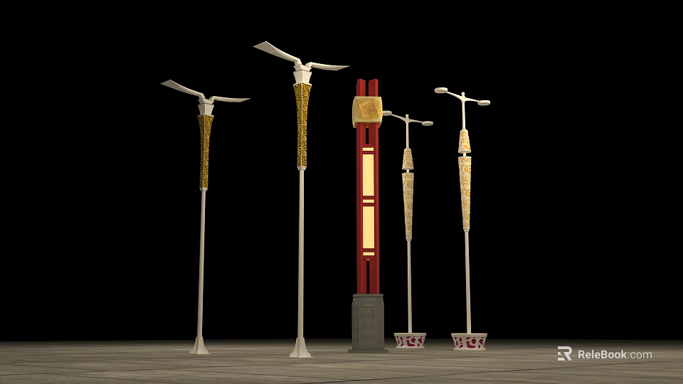 Various Decorative Outdoor Lights With Golden Red Elements And Stylish Lamp Posts 3d model