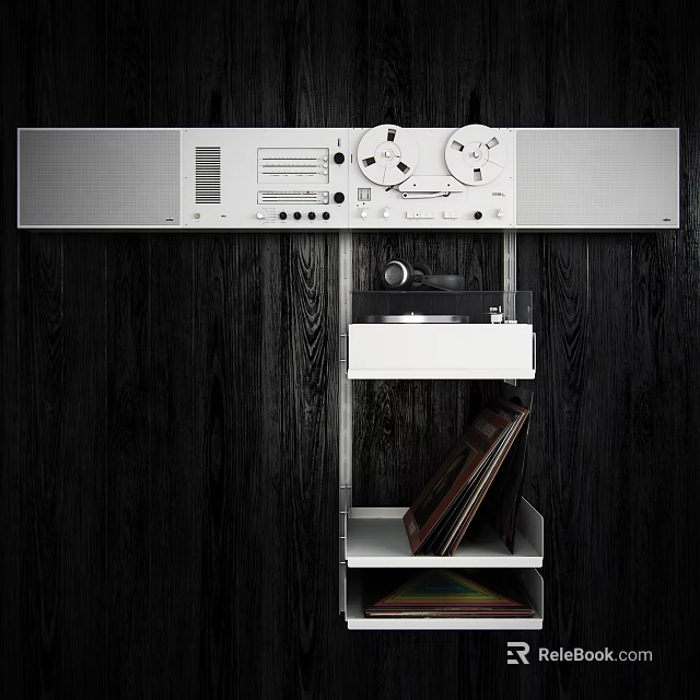 Vintage White Audio System with Headphones on Shelf and Vinyl Records 3d model 