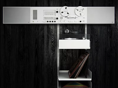 Vintage White Audio System with Headphones on Shelf and Vinyl Records 3d model