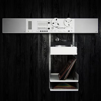 Vintage White Audio System with Headphones on Shelf and Vinyl Records 3d model