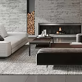 Modern Living Room Interior With Concrete Ceiling Stone Fireplace And White Sofa