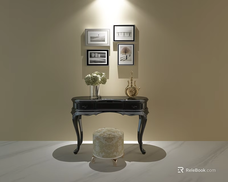 Black Dressing Table And Beige Patterned Stool Set With Framed Paintings On Beige Wall 3d model 