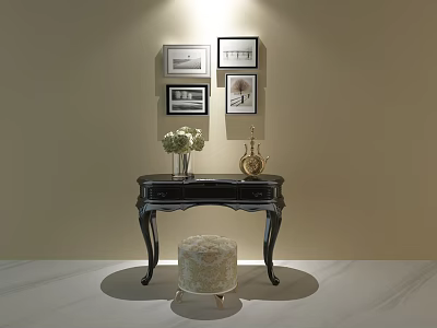 Black Dressing Table And Beige Patterned Stool Set With Framed Paintings On Beige Wall 3d model