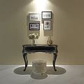 Black Dressing Table And Beige Patterned Stool Set With Framed Paintings On Beige Wall 3d model