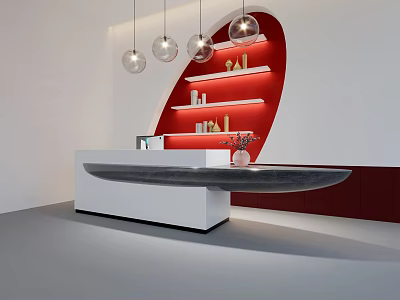 Modern Reception Desk With Curved Red Wall Shelves And Pendant Lights 3d model