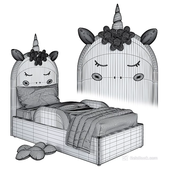 Cute Unicorn Themed Kids Bed Frame With Cartoon Face Headboard And Decorative Flowers 3d model 